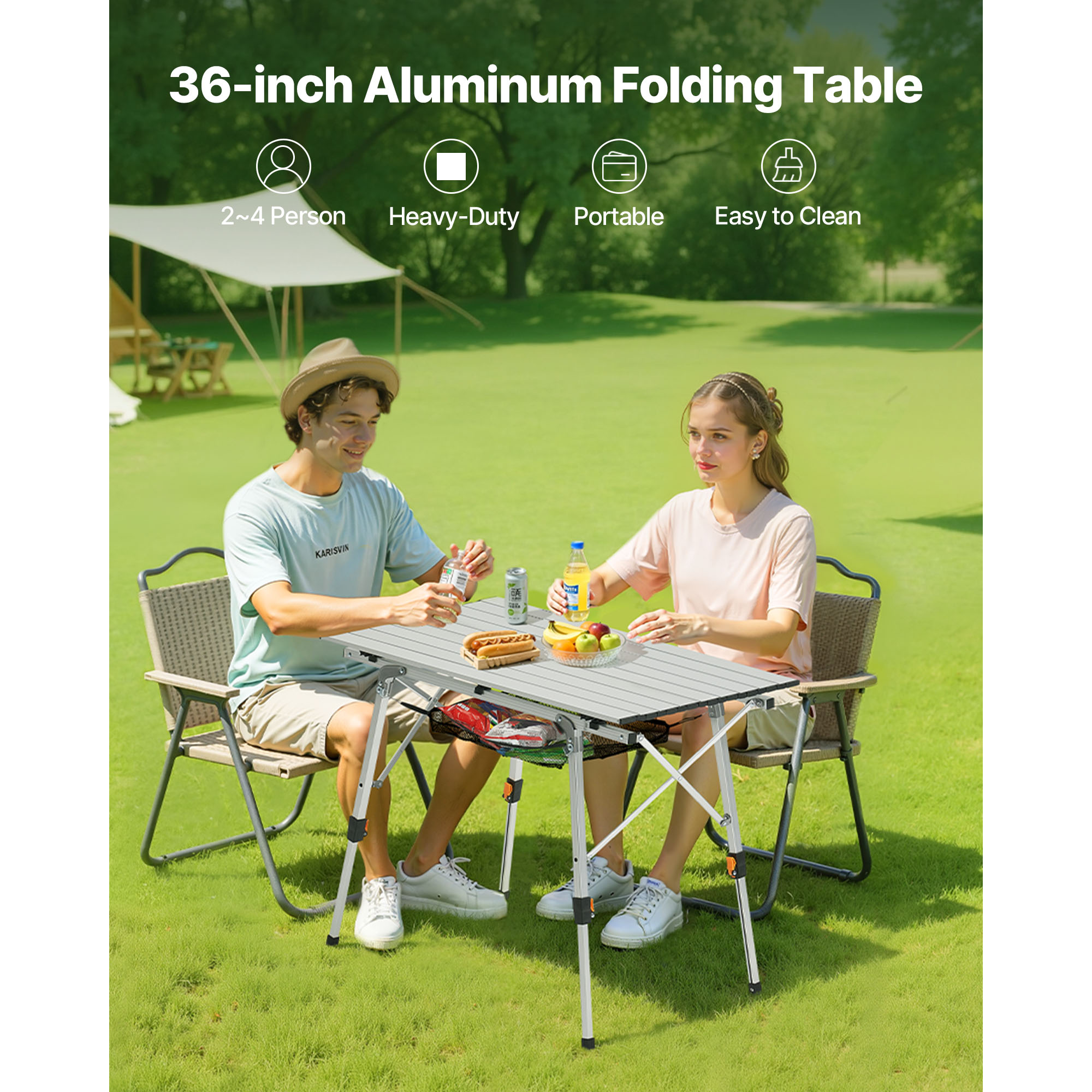 Folding Portable Camping Table Aluminum Outdoor Picnic Roll Up Table Mesh Layer_voghion.com